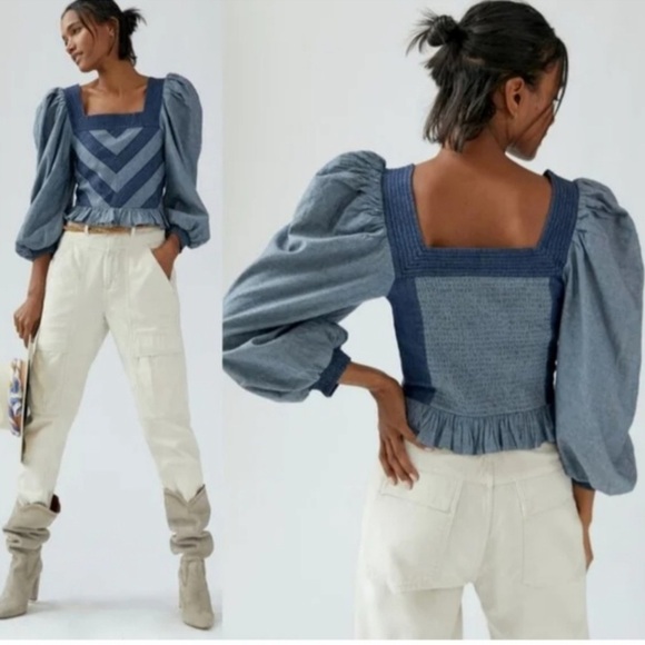 Anthropolgie Love The Label Blue Denim Puff Sleeve Top Size Small - Picture 9 of 9